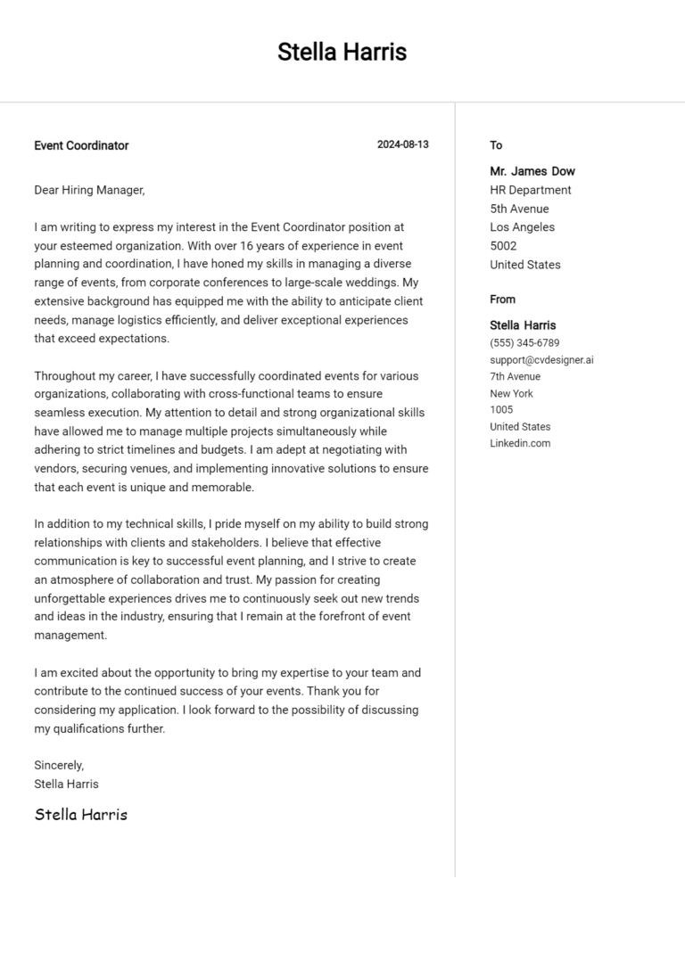 Event Coordinator Cover Letter Examples & Samples for 2025