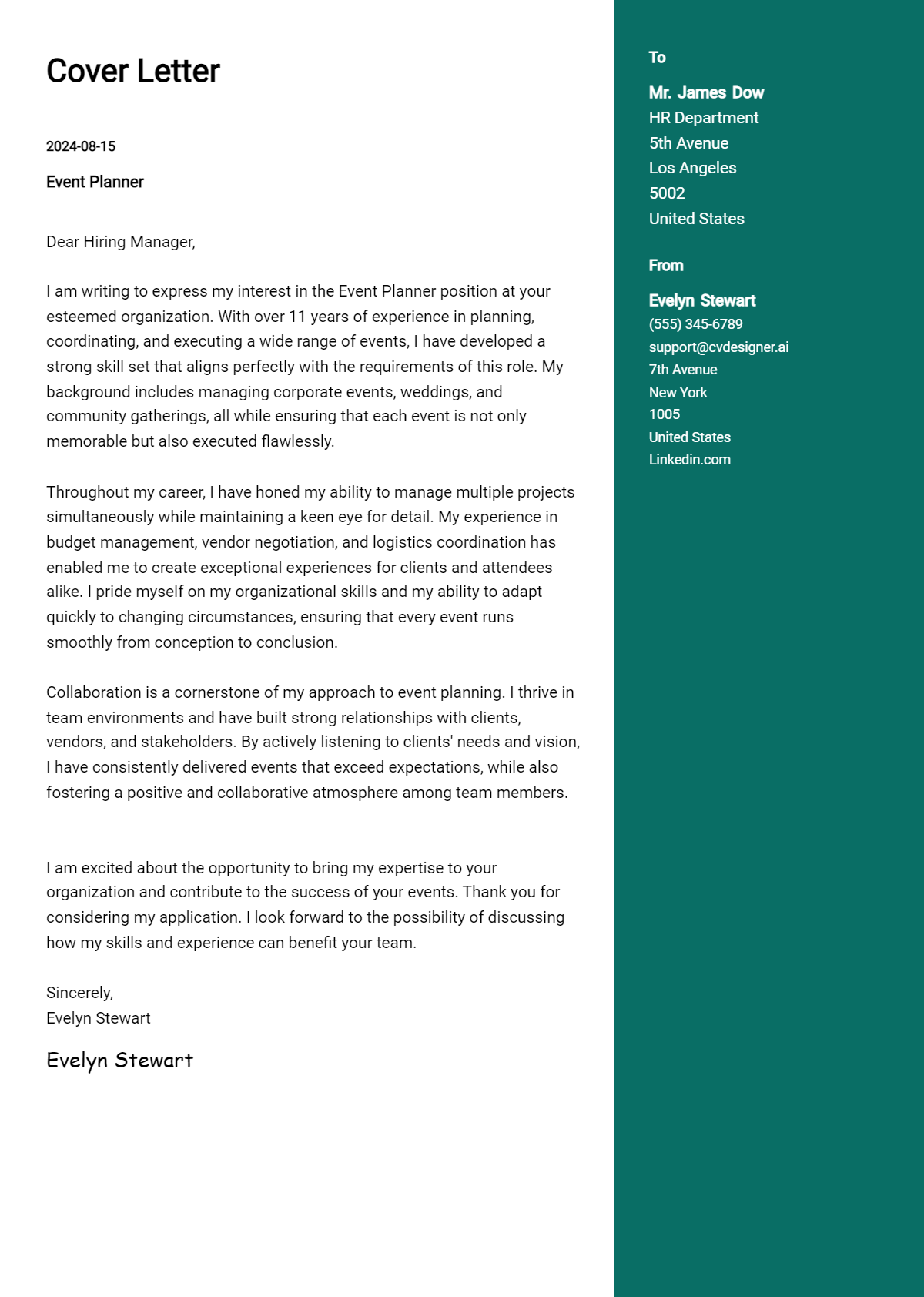 event planner cover letter example