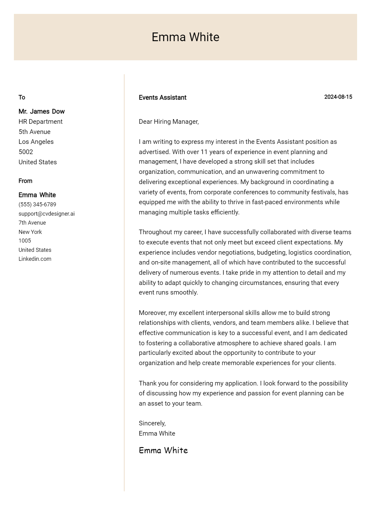 events assistant cover letter example