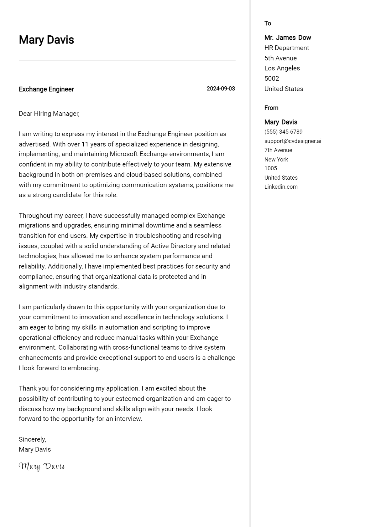 exchange engineer cover letter example