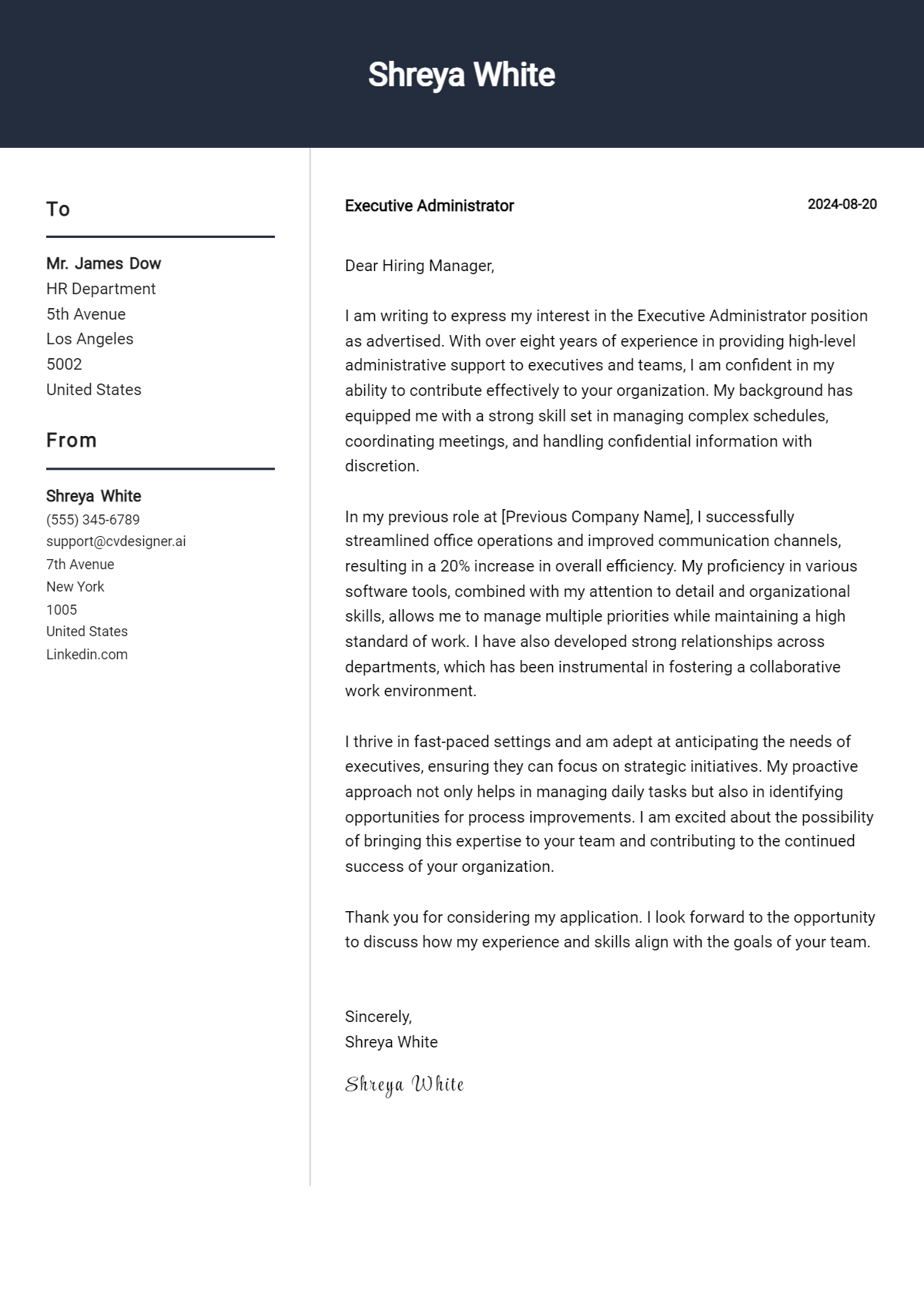 executive administrator cover letter example