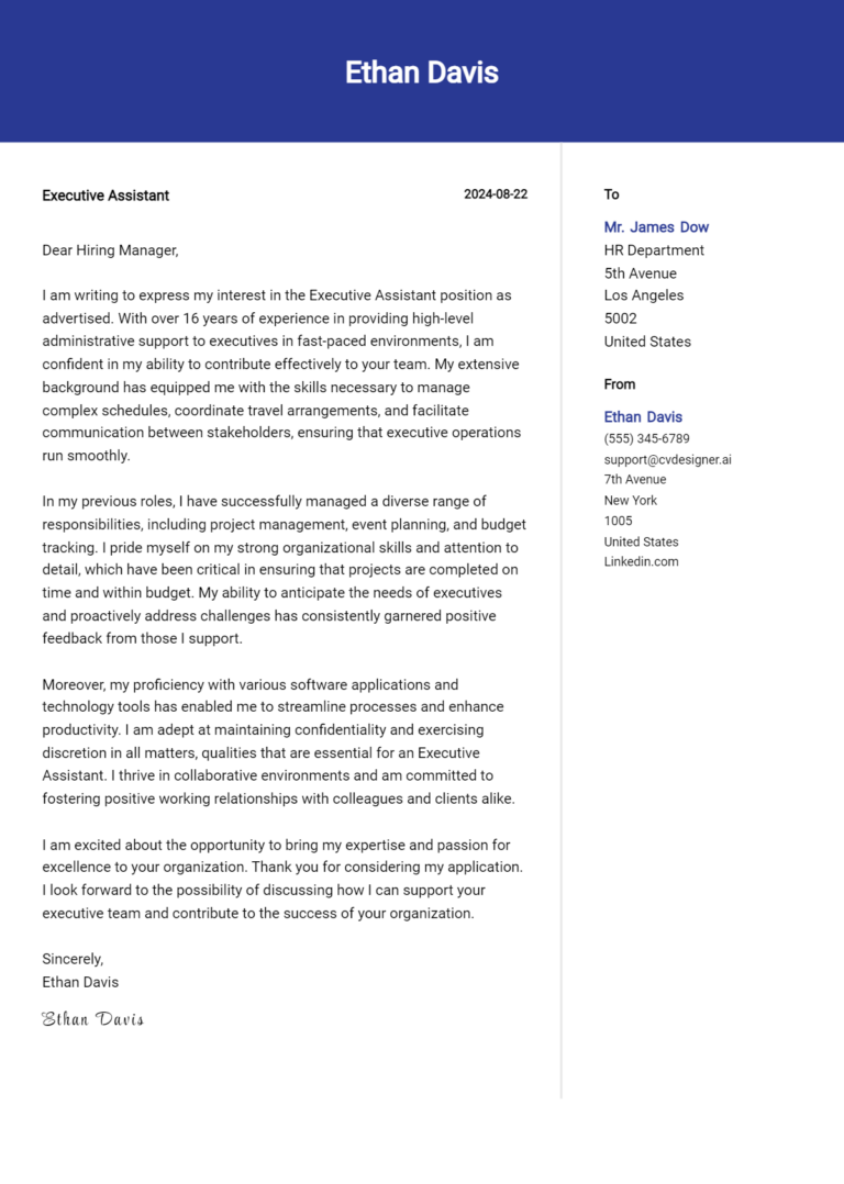 Executive Assistant Cover Letter Example for 2025 (Complete Writing Guide)