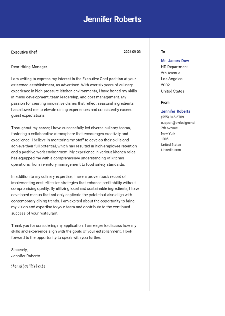 Executive Chef Cover Letter Examples & Samples for 2025