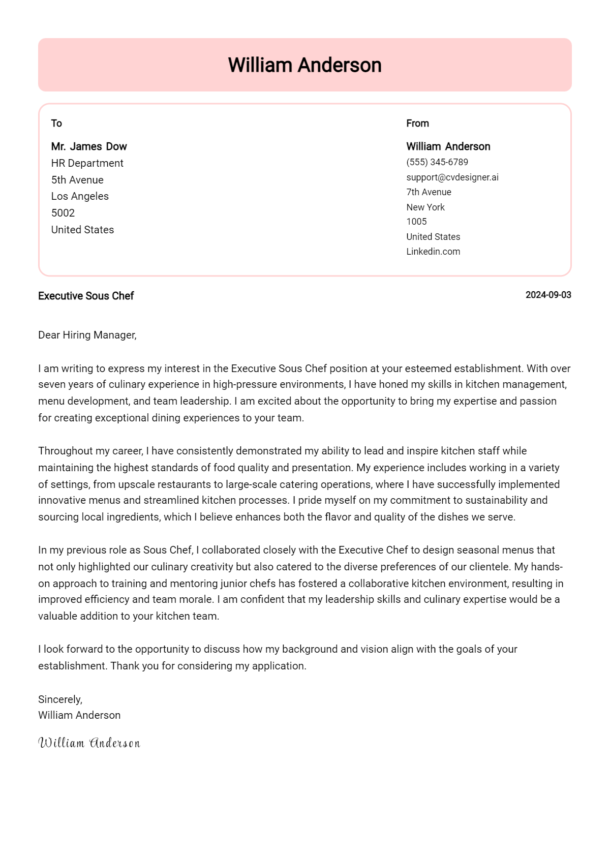 executive sous chef cover letter example
