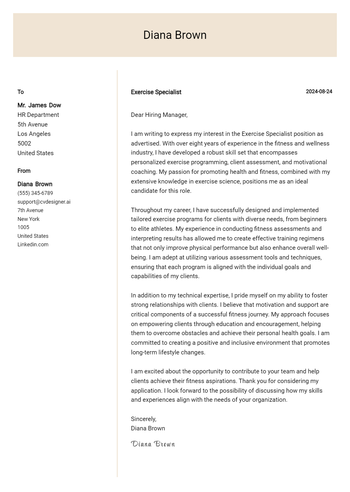 exercise specialist cover letter example