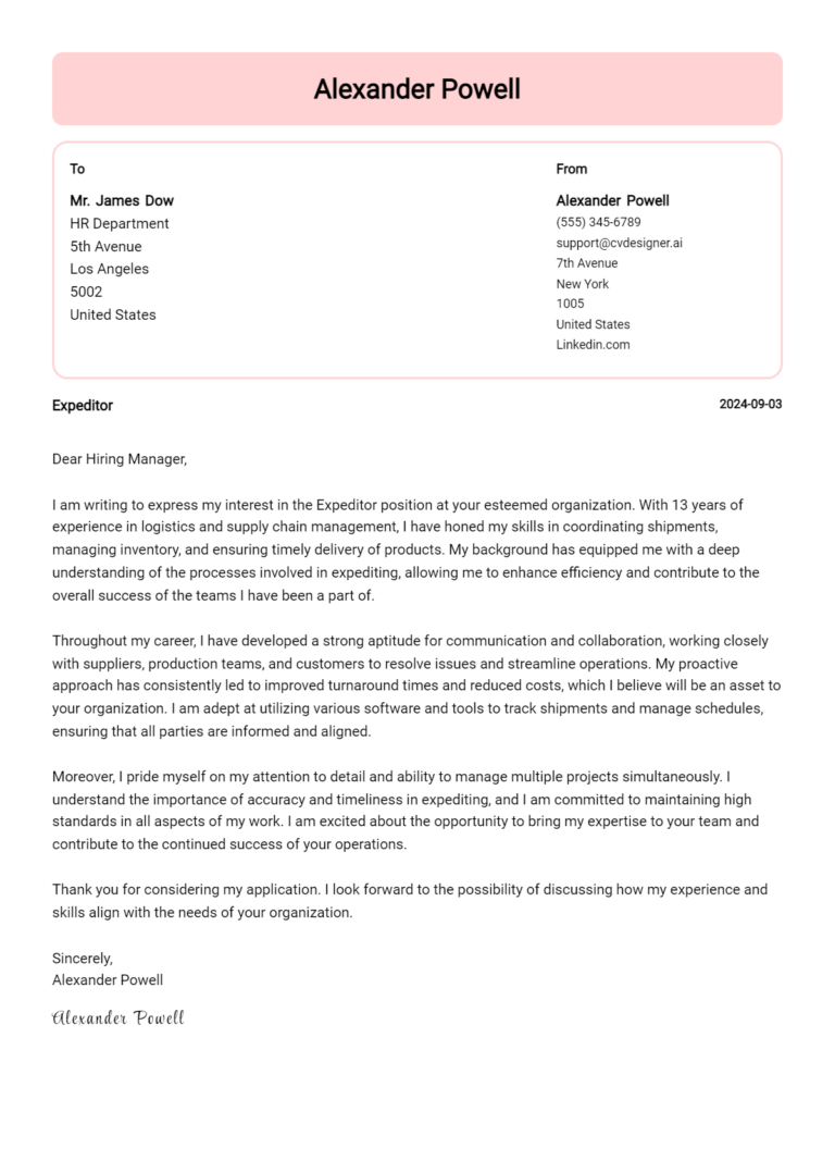 Expeditor Cover Letter Samples & Examples 2025 1 Expeditor Cover Letter Samples & Examples 2025