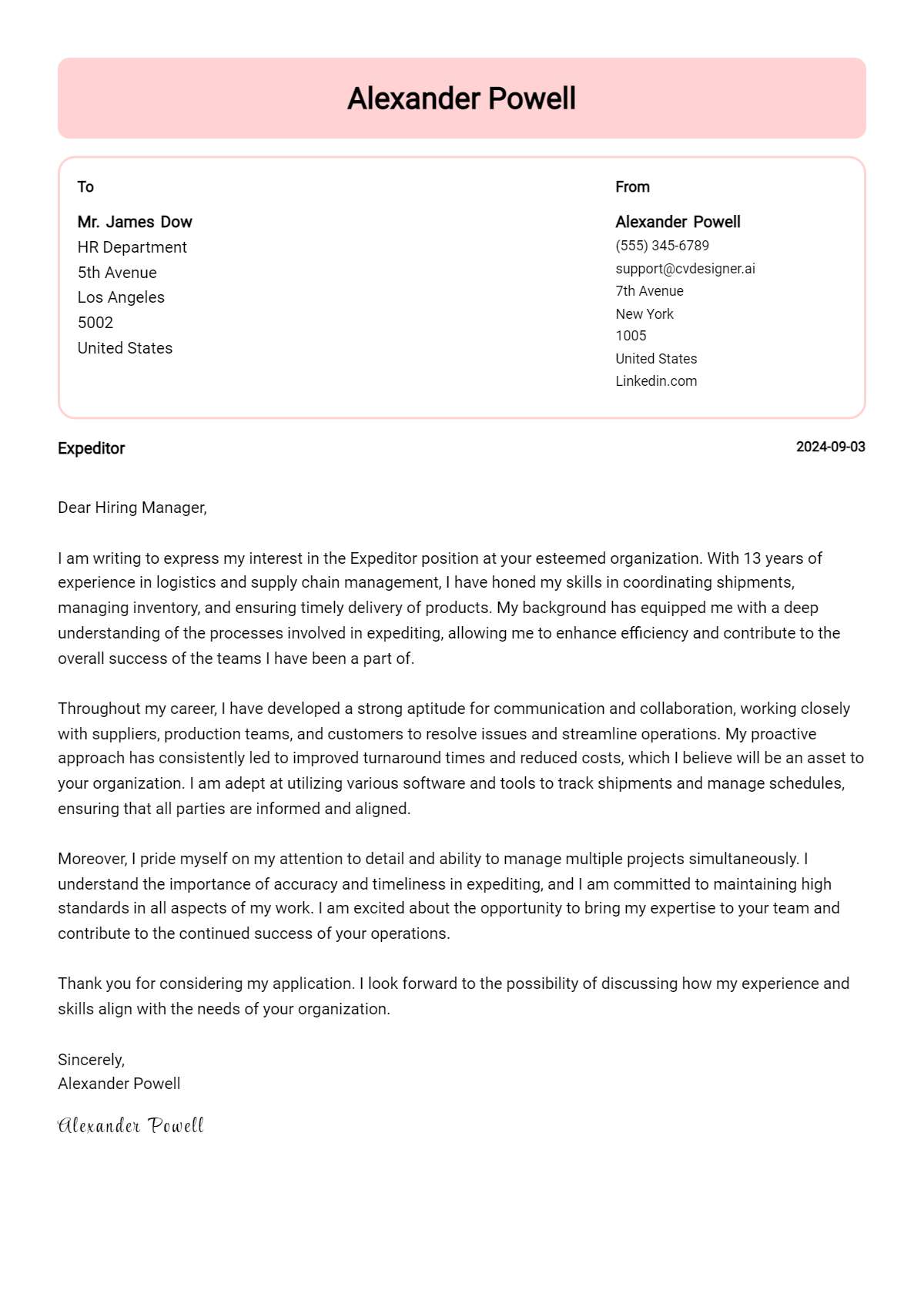 expeditor cover letter example