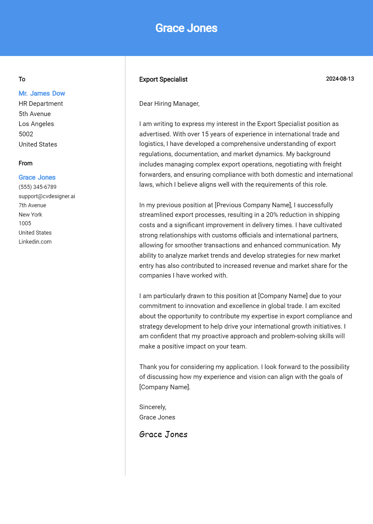 export specialist cover letter example