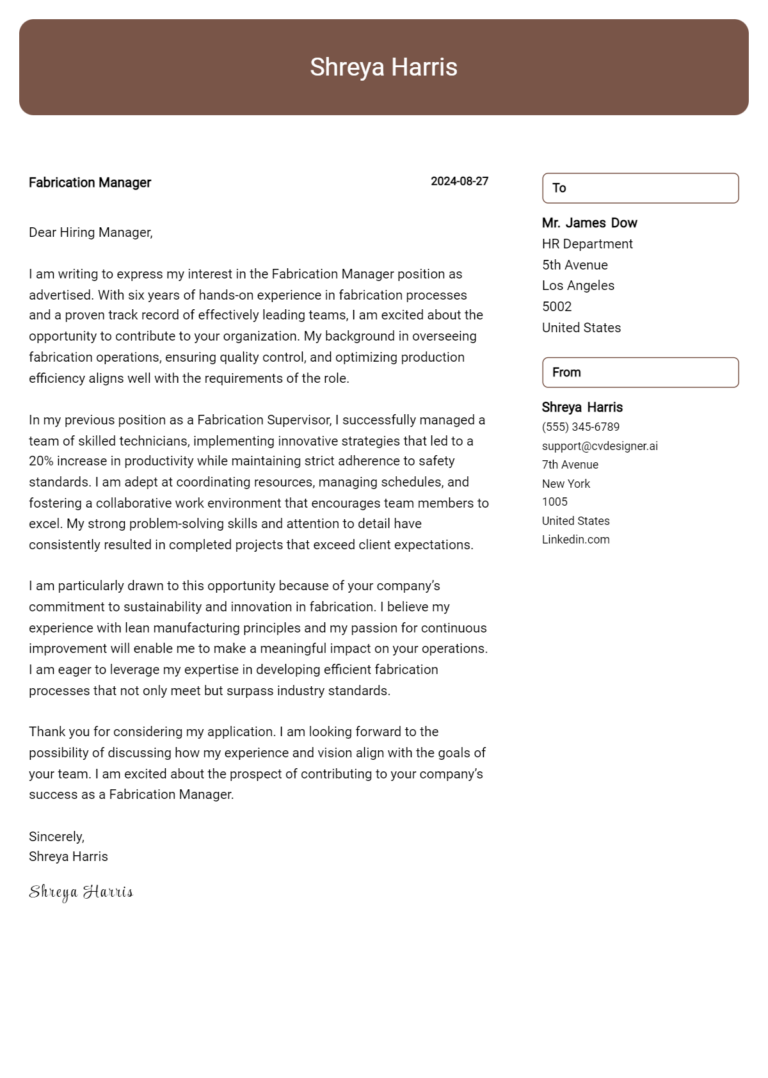 Fabrication Manager Cover Letter Example for 2025: Expert Tips & Templates