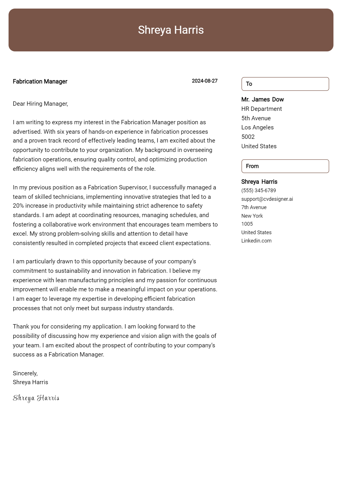fabrication manager cover letter example