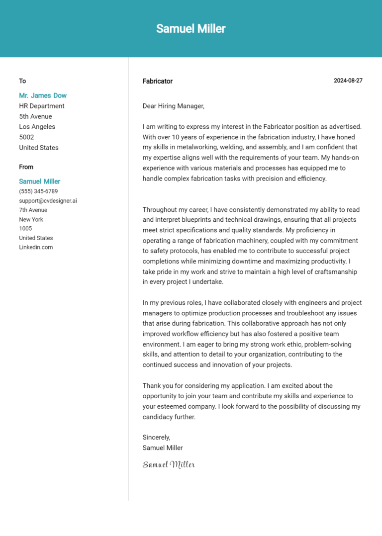 Fabricator Cover Letter Examples with Writing Tips for 2025