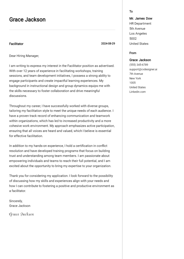 Facilitator Cover Letter Example for 2025: Free Templates 1 Facilitator Cover Letter Example for 2025: Free Templates