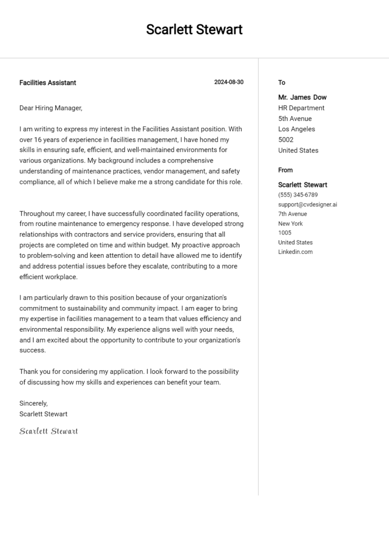 Facilities Assistant Cover Letter Example for 2025: Tips & Templates
