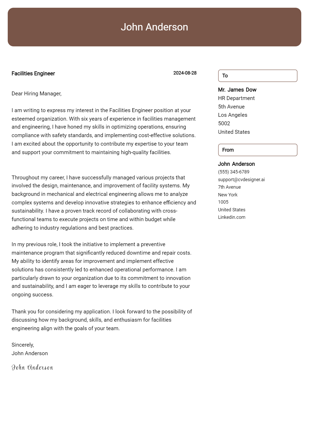 facilities engineer cover letter example