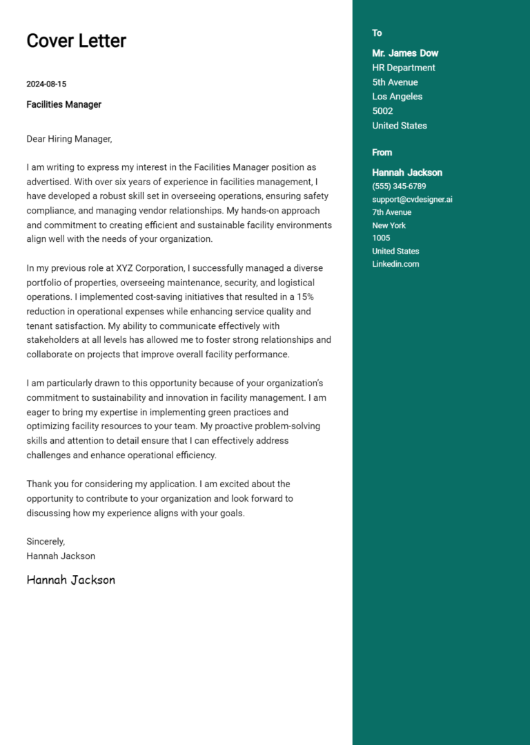 Facilities Manager Cover Letter Examples with Writing Tips for 2025