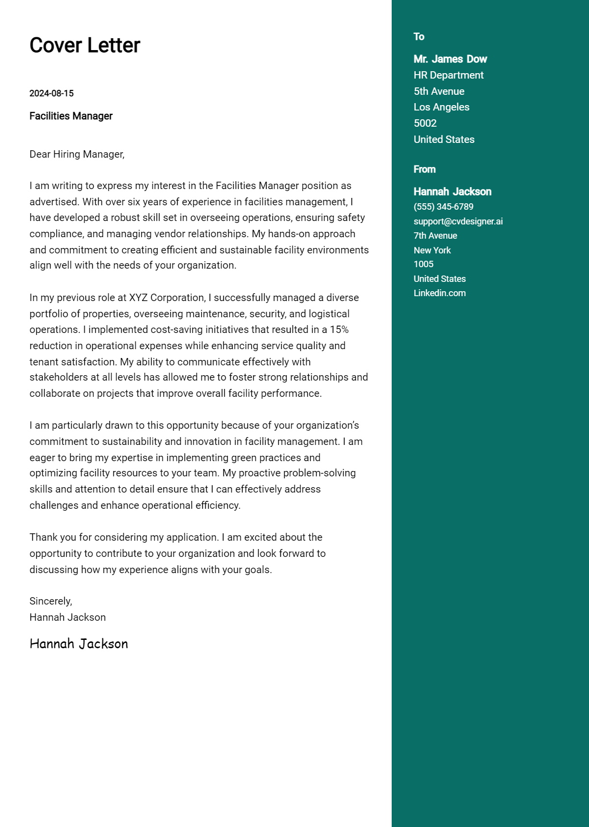 facilities manager cover letter example