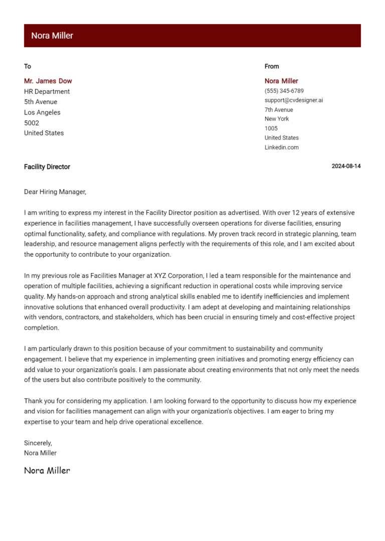 Facility Director Cover Letter Example for 2025 (Download Templates)