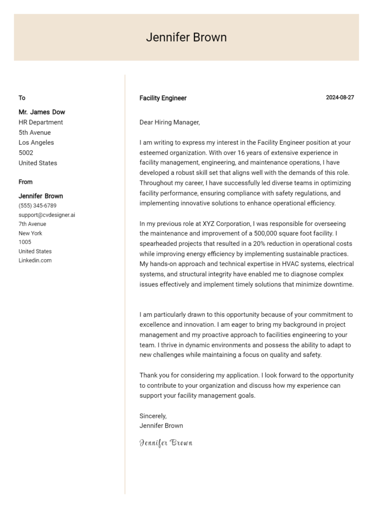 Facility Engineer Cover Letter Example for 2025 (Writing Guide)