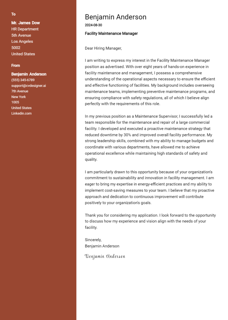 Facility Maintenance Manager Cover Letter Example for 2025: Free Templates
