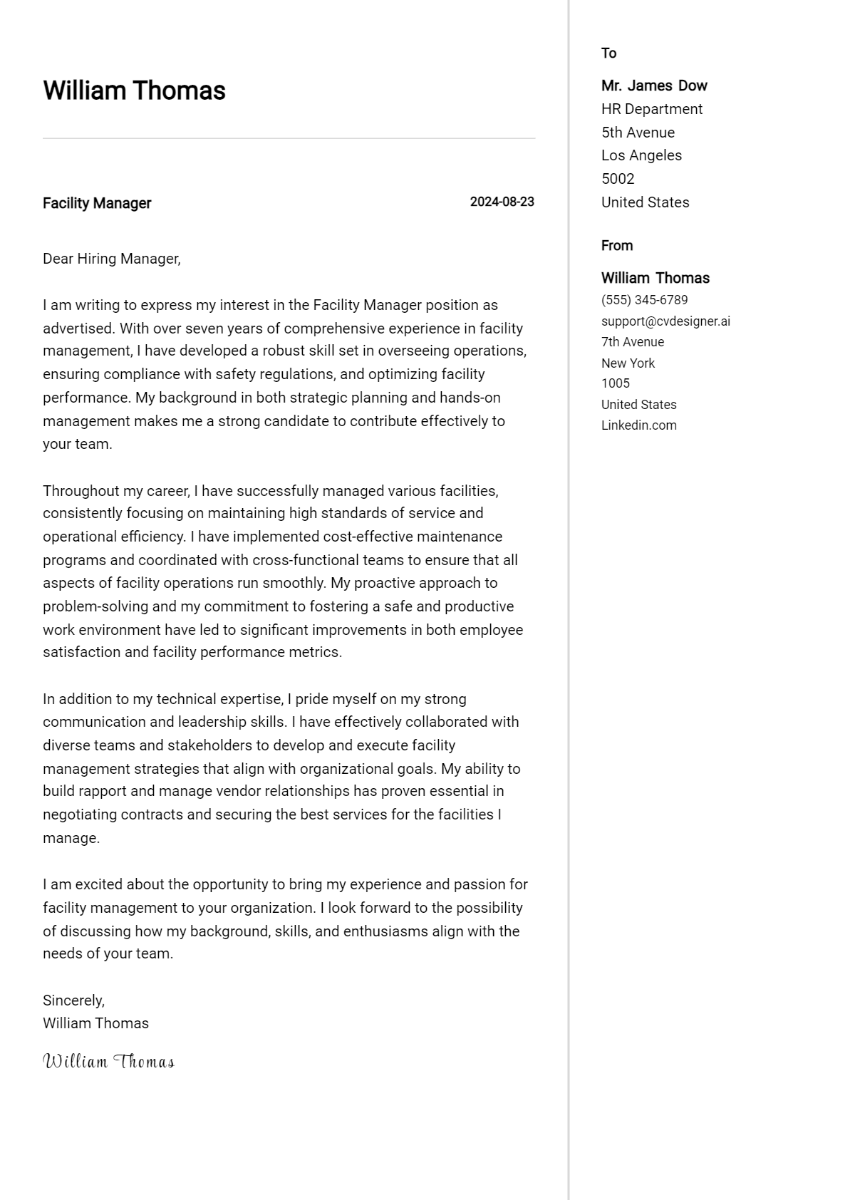 facility manager cover letter example