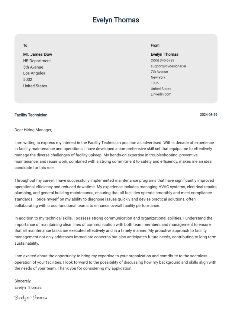 Facility Technician Cover Letter Examples for 2025 (Downloadable)