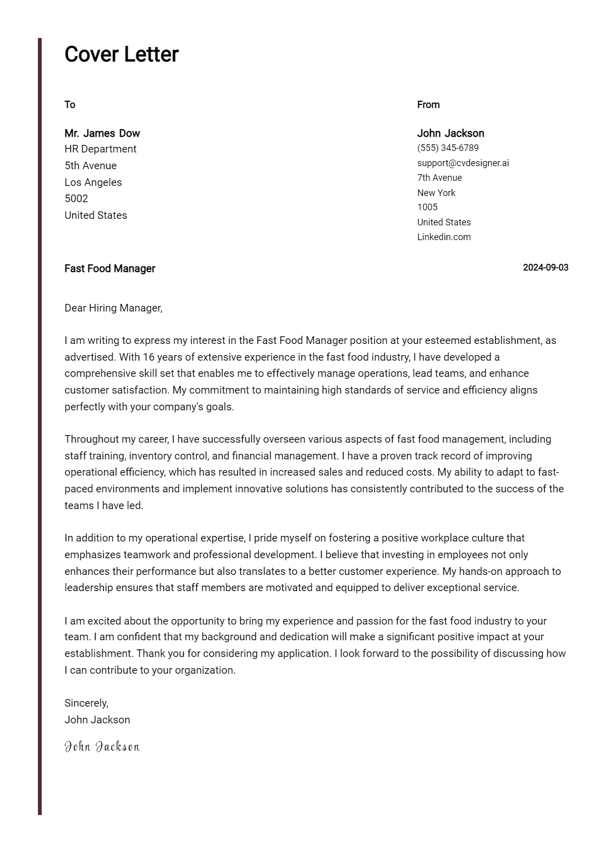fast food manager cover letter example