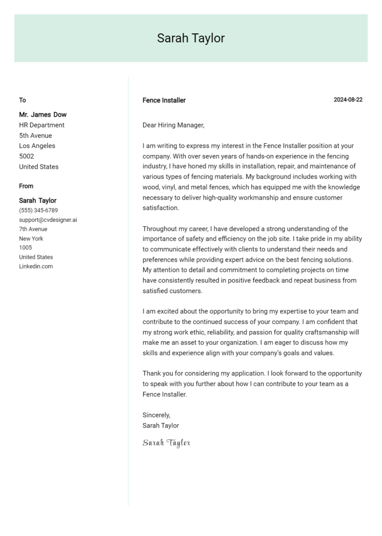 Fence Installer Cover Letter Example for 2025 (Download Templates)