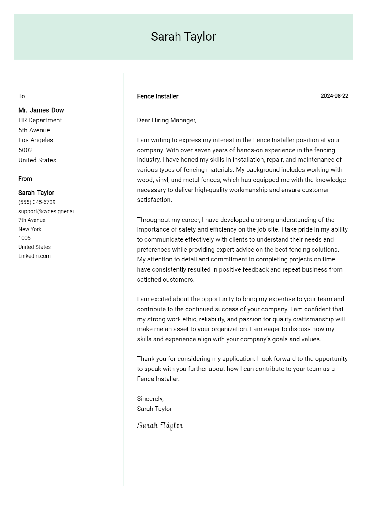 fence installer cover letter example