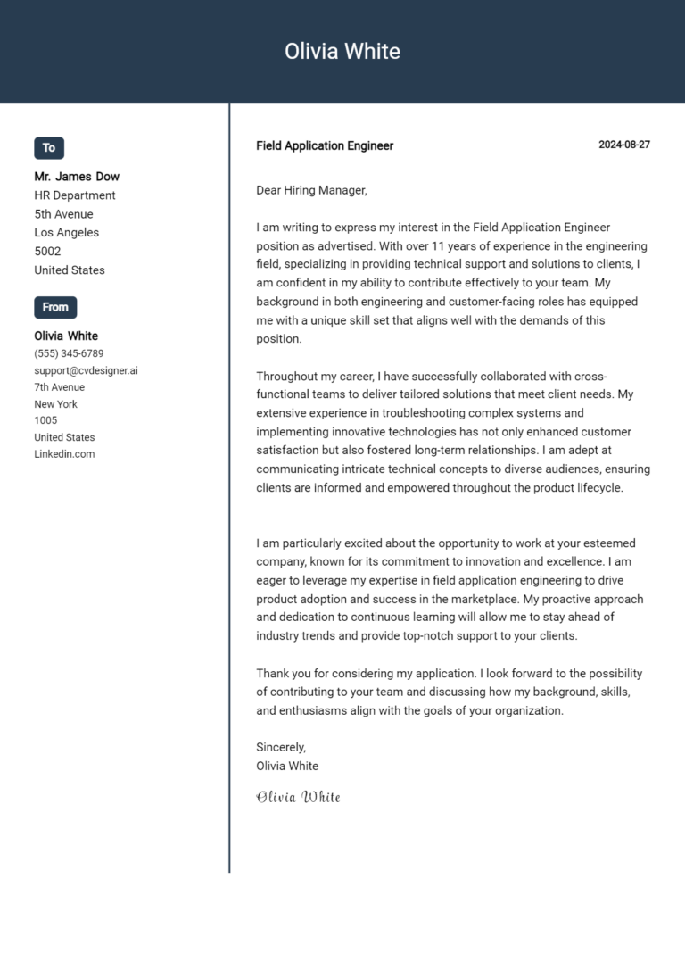 Field Application Engineer Cover Letter Examples & Samples for 2025