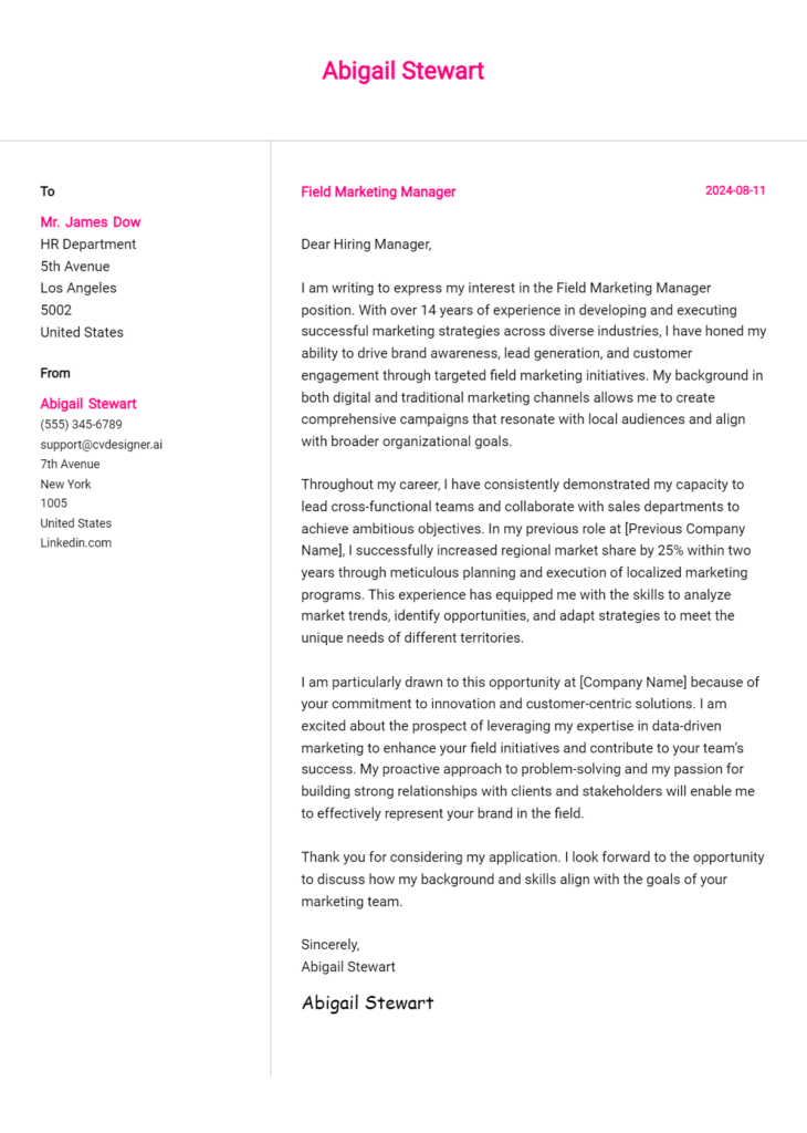 field marketing manager cover letter example