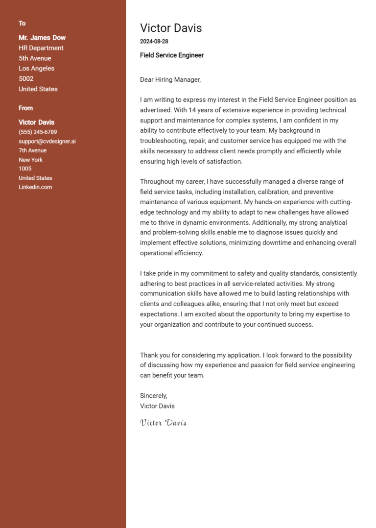 Field Service Engineer Cover Letter Samples & Examples 2025