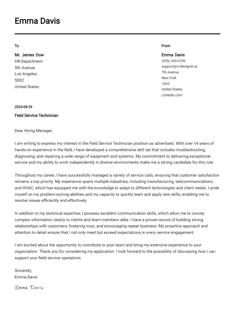 18 Field Service Technician Cover Letter Examples for 2025 (Download Templates)