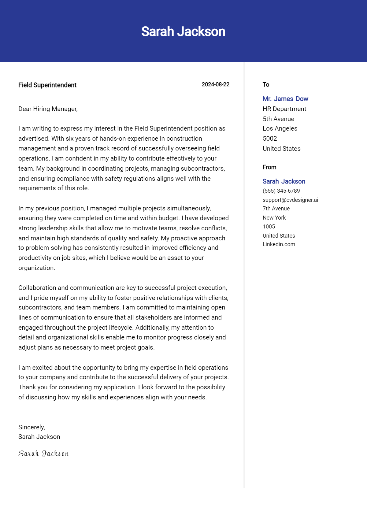 field superintendent cover letter example