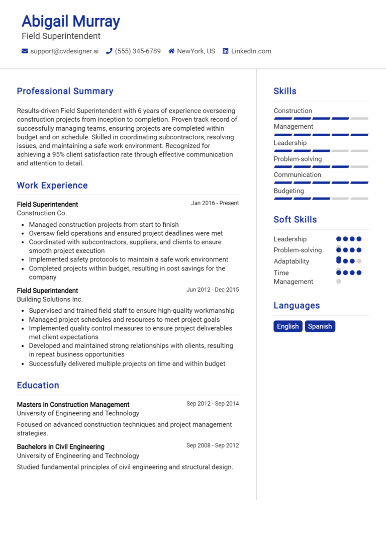Field Superintendent Resume Example for 2025: Examples & Free Templates