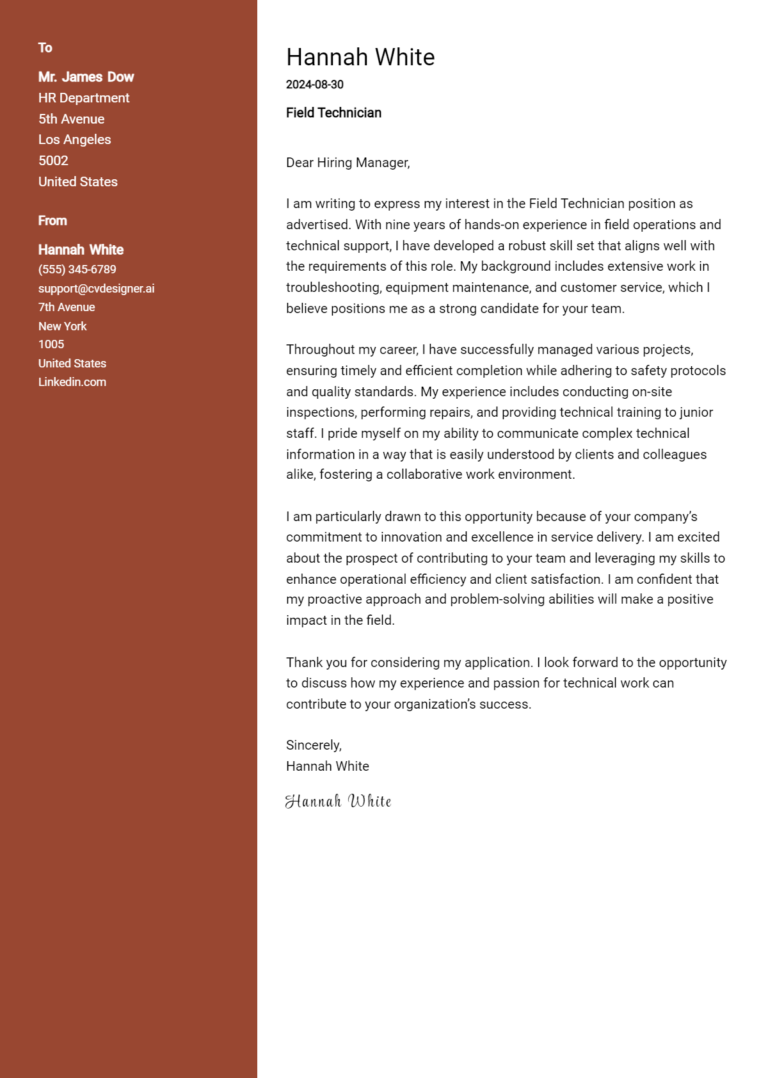 Field Technician Cover Letter Example for 2025 (Writing Guide)