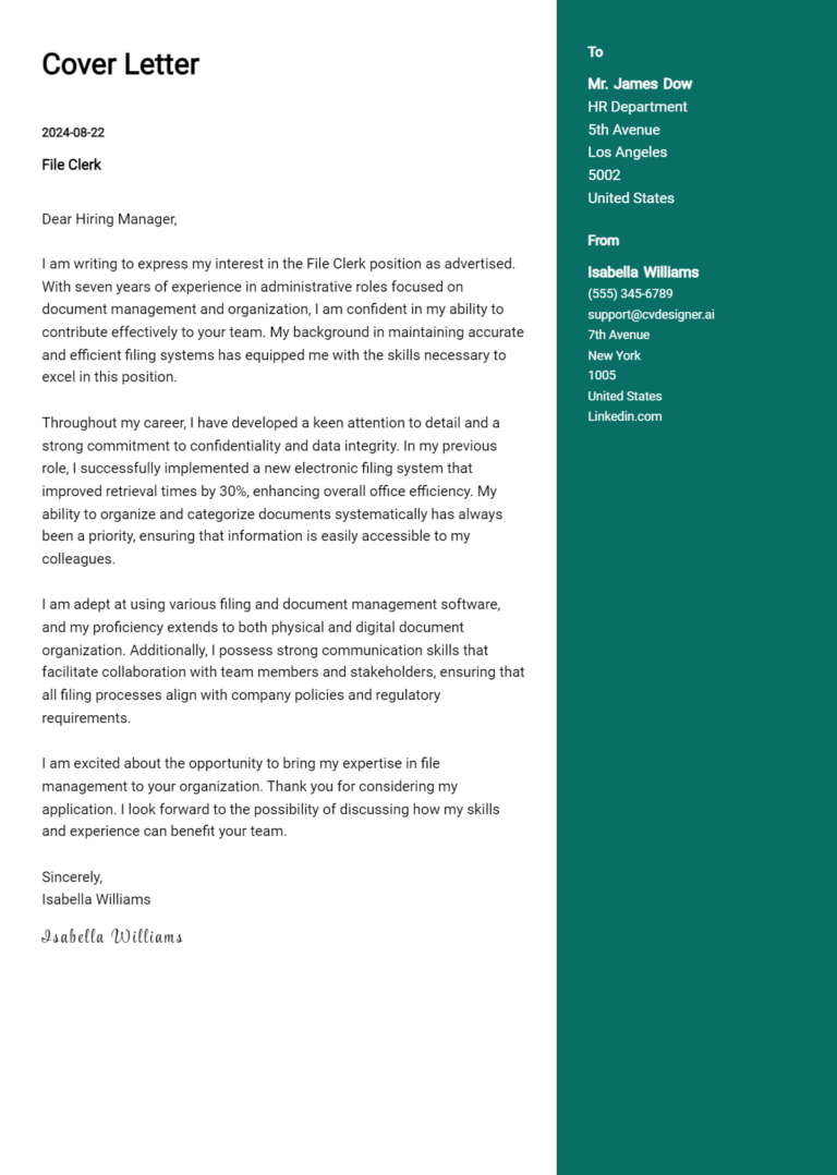 File Clerk Cover Letter Example for 2025: Expert Tips & Templates