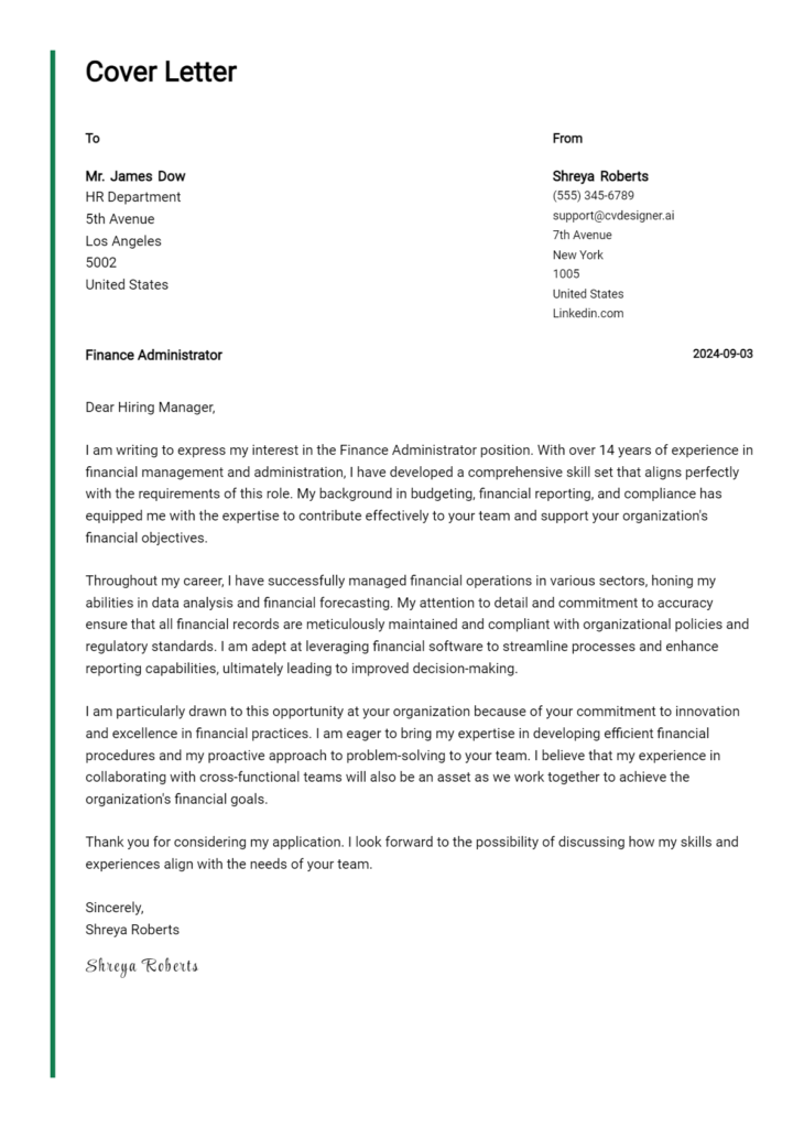 finance administrator cover letter example