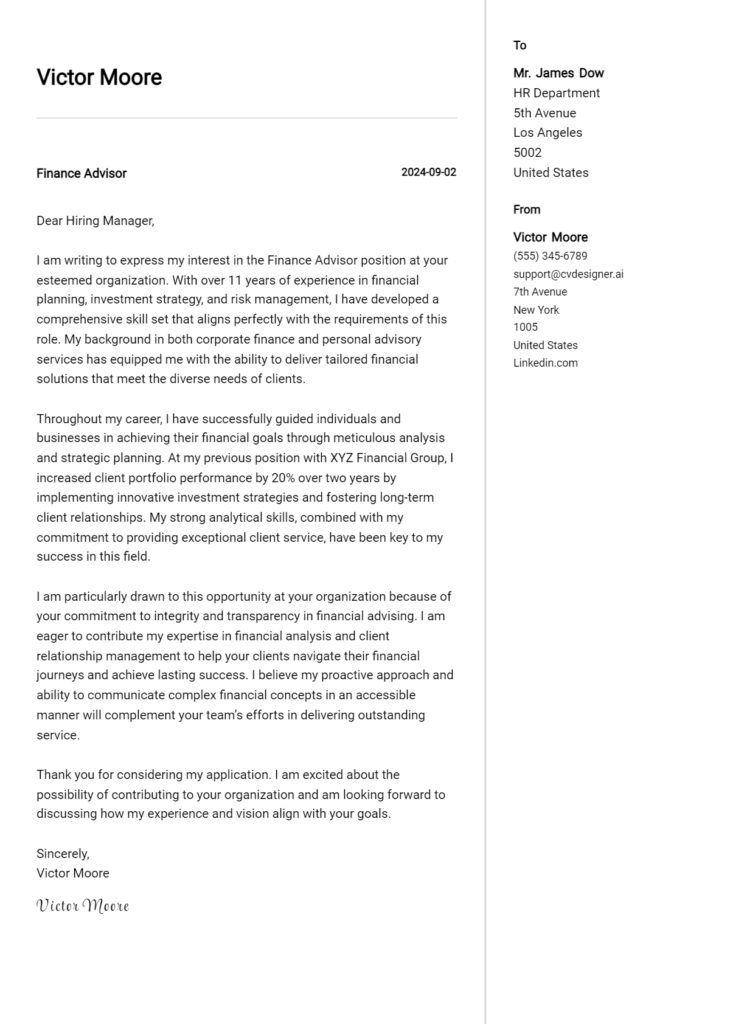 finance advisor cover letter example