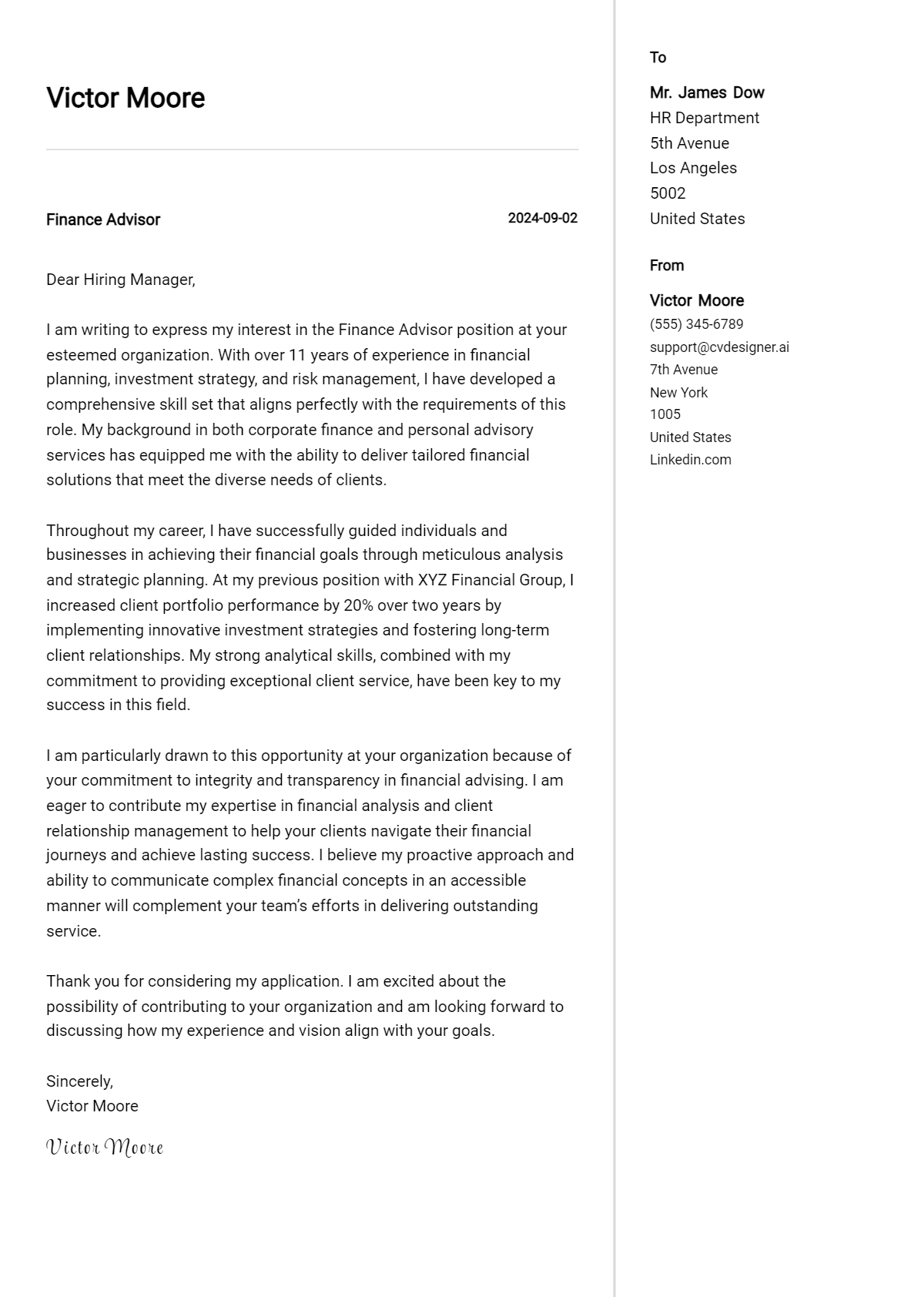 finance advisor cover letter example