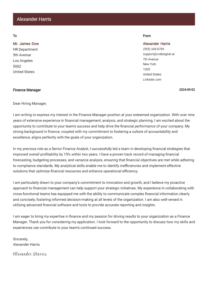 finance manager cover letter example