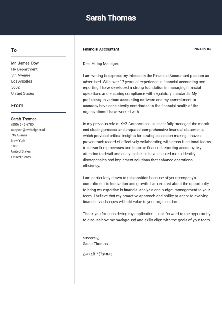 28 Financial Accountant Cover Letter Examples for 2025 (Downloadable)