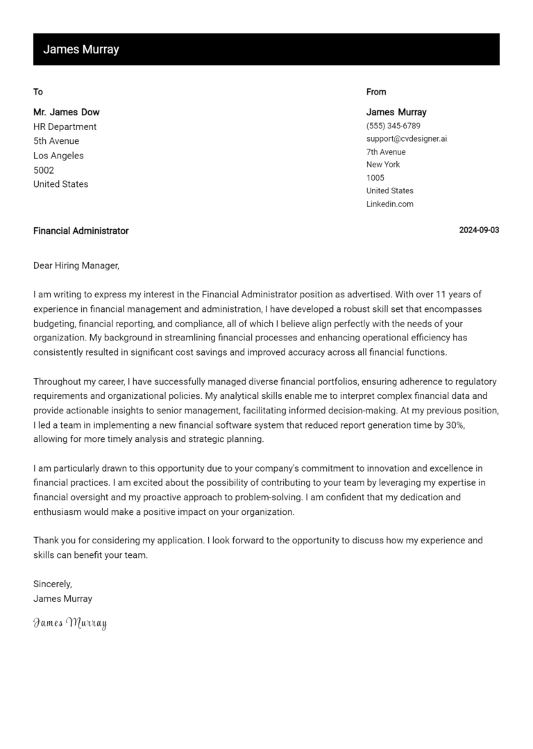 Financial Administrator Cover Letter Example for 2025: Free Templates