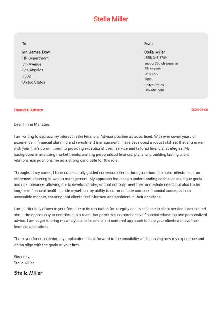 Financial Advisor Cover Letter Samples & Examples 2025