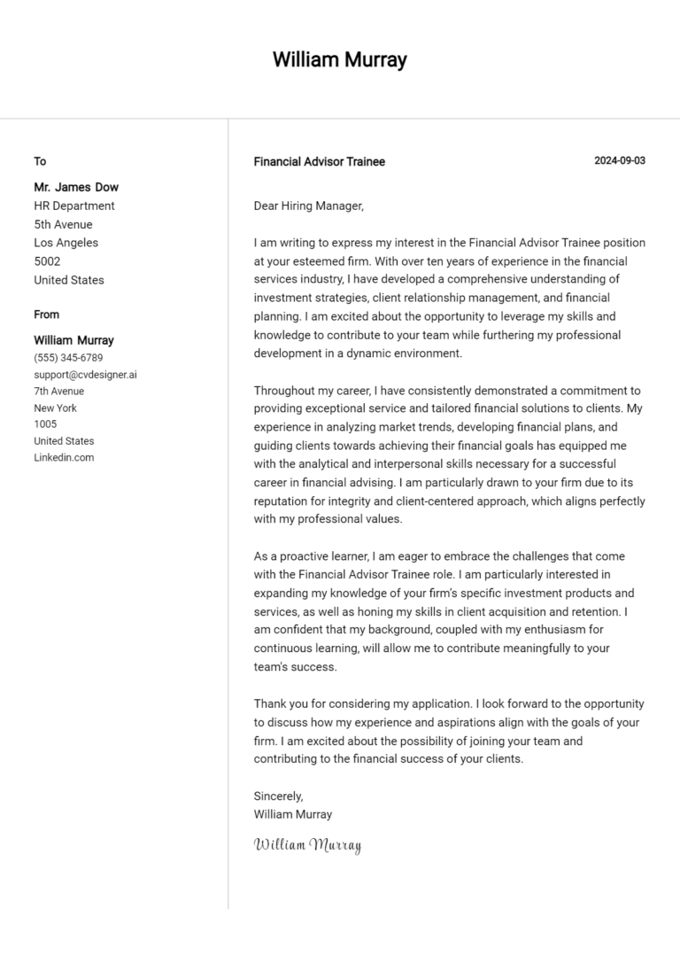 Financial Advisor Trainee Cover Letter Examples for 2025 (Downloadable)