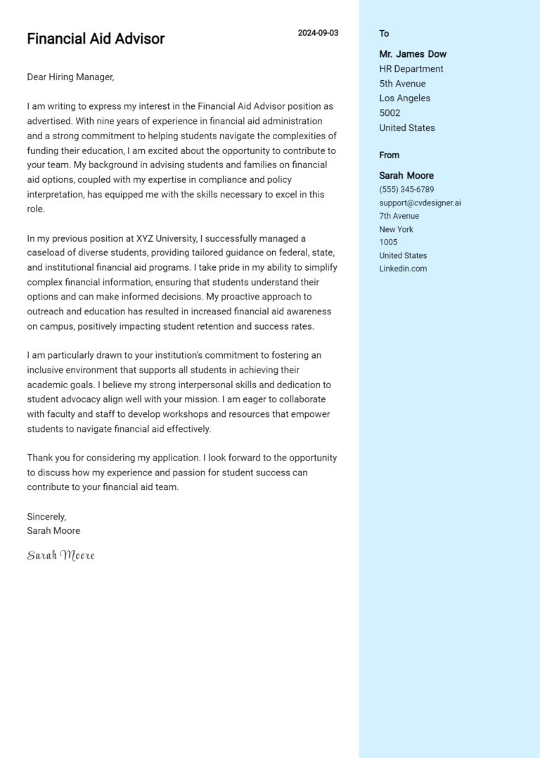 Financial Aid Advisor Cover Letter Example for 2025 (Complete Writing Guide)