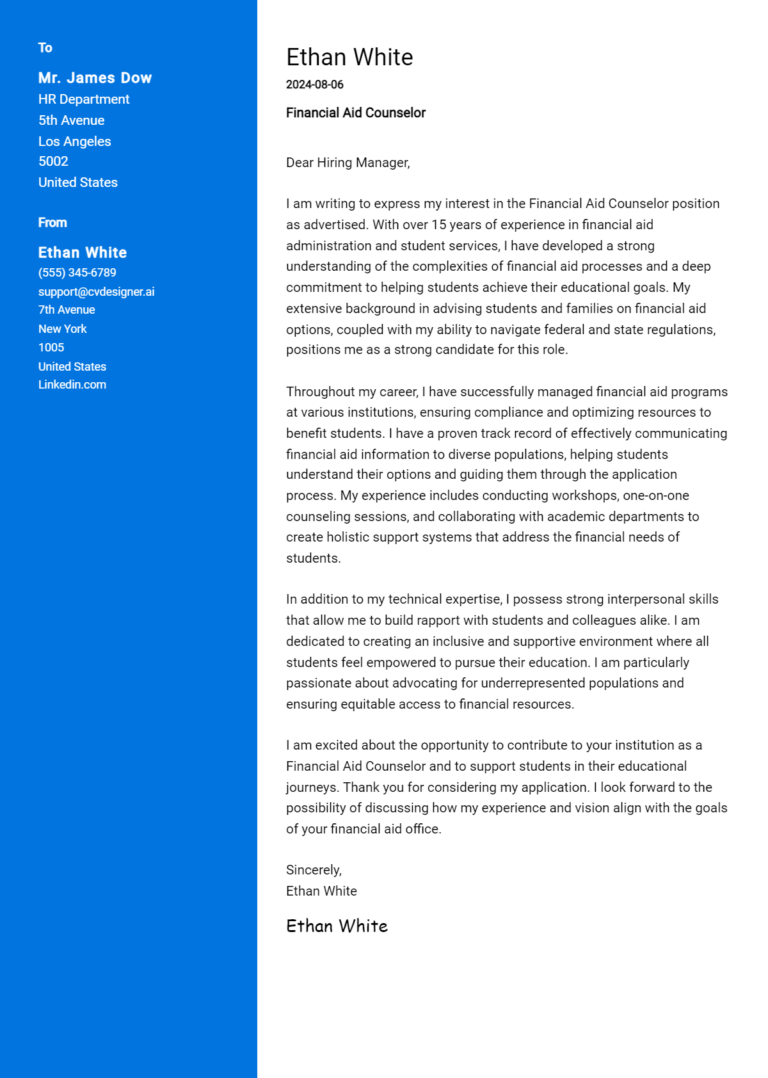 Financial Aid Counselor Cover Letter Samples & Examples 2025 1 Financial Aid Counselor Cover Letter Samples & Examples 2025