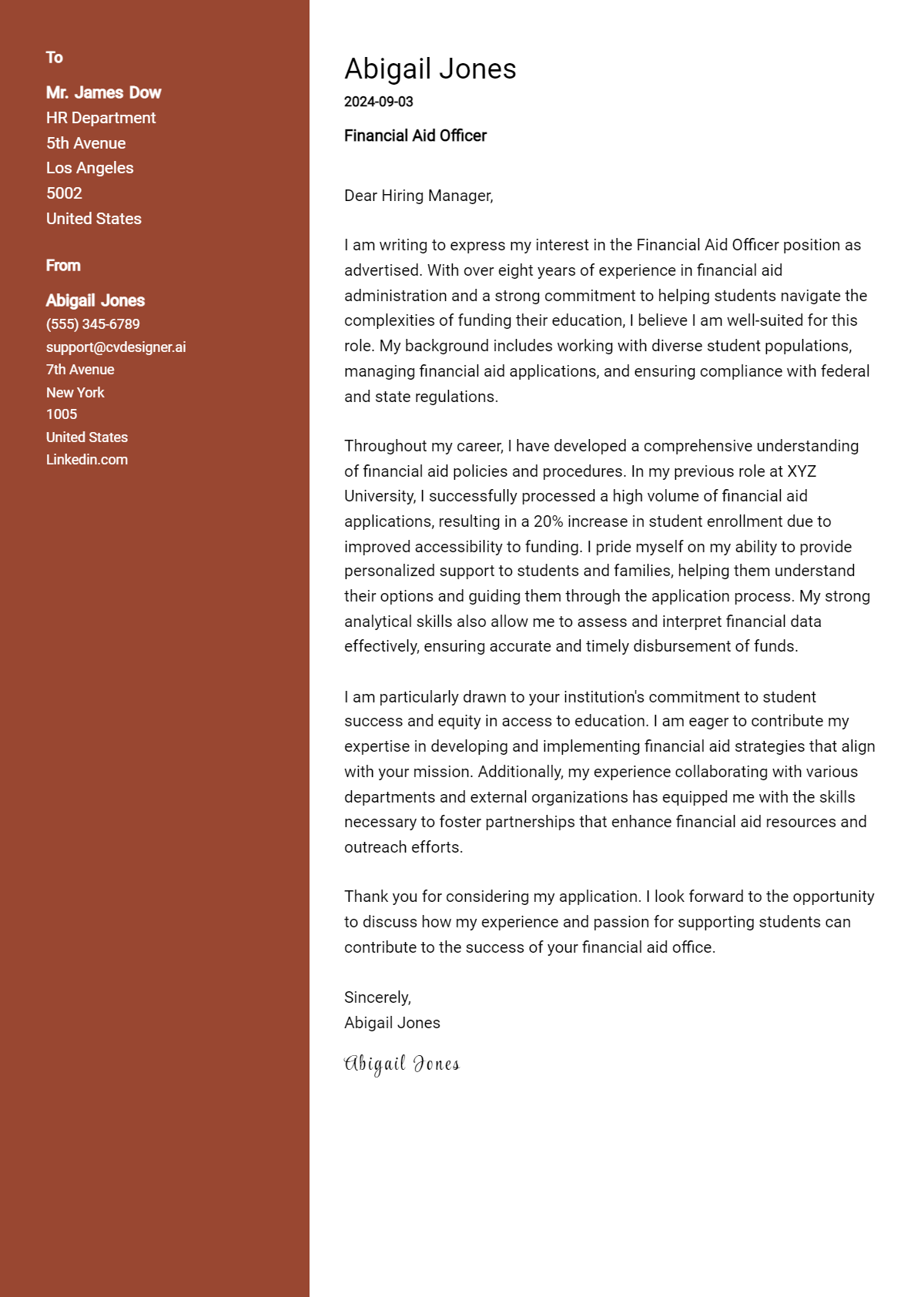financial aid officer cover letter example