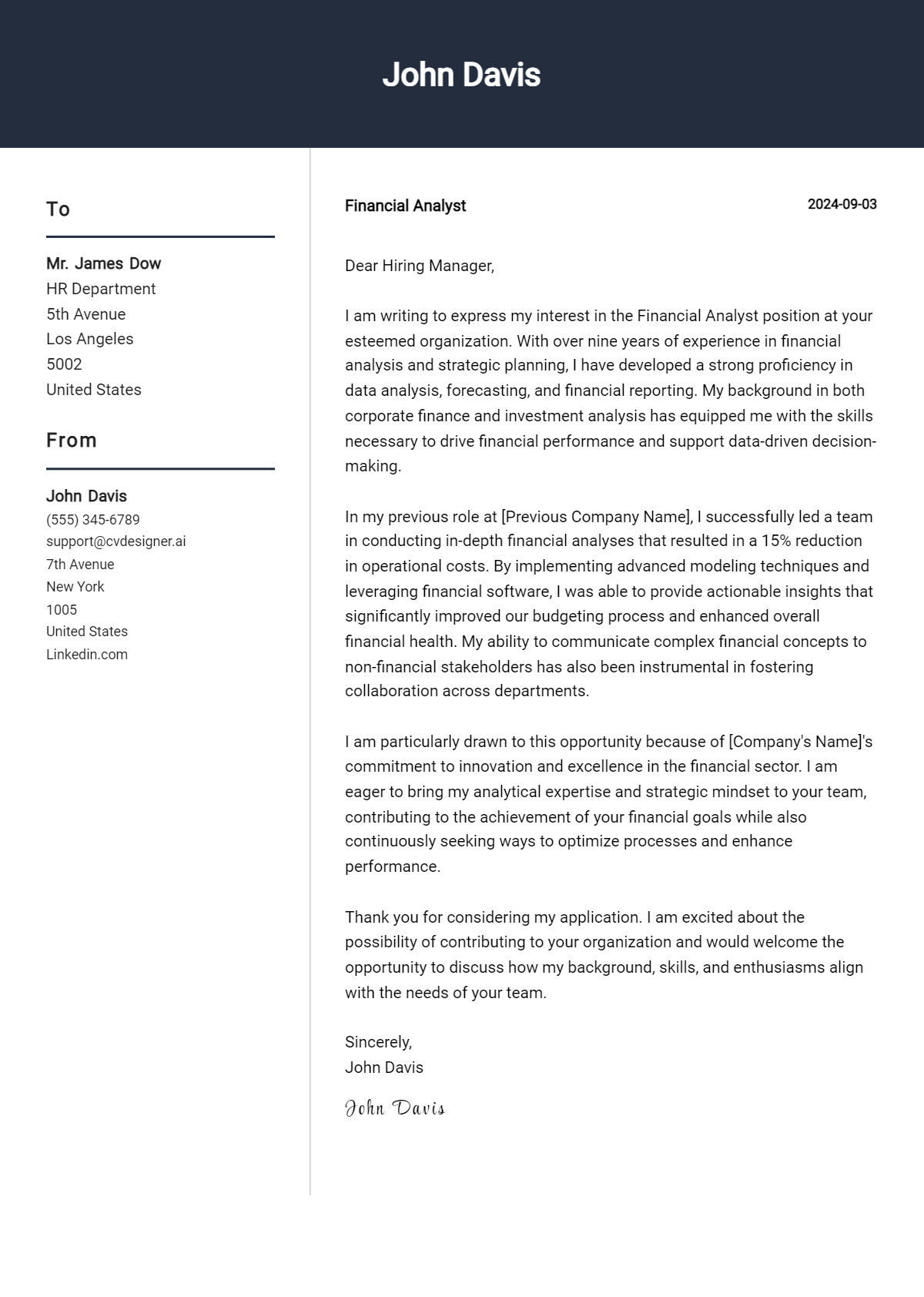 financial analyst cover letter example