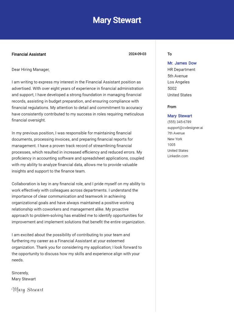 Financial Assistant Cover Letter Example for 2025: Tips & Templates