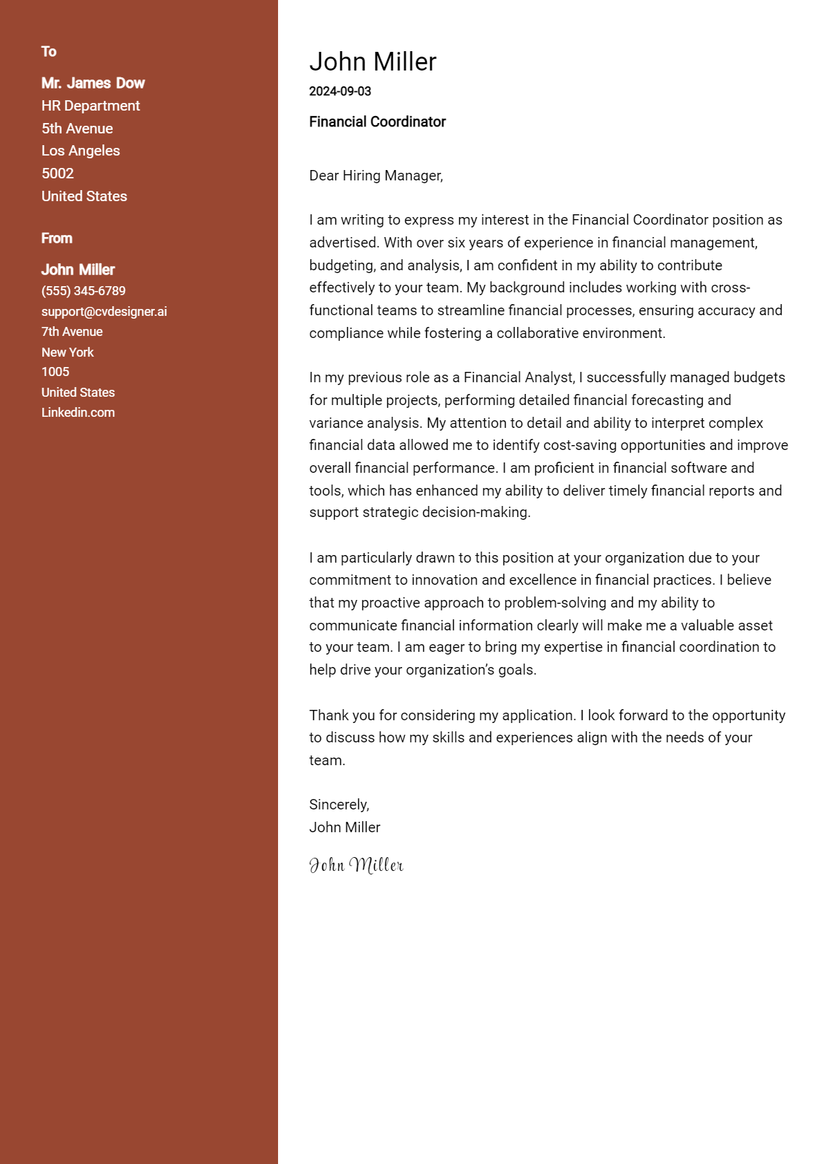 financial coordinator cover letter example